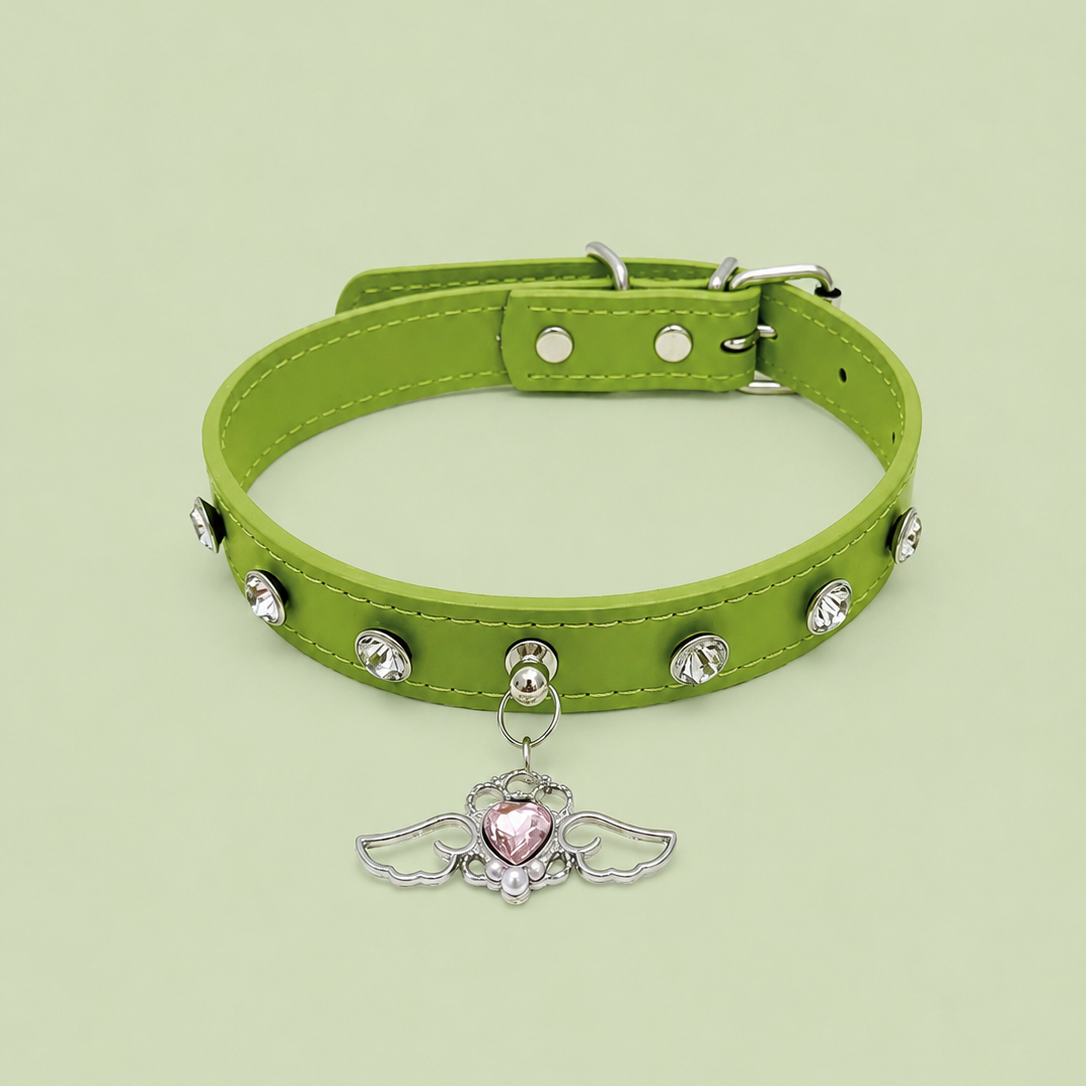 Angel Heart Rhinestone Dog Collar with Wing Charm