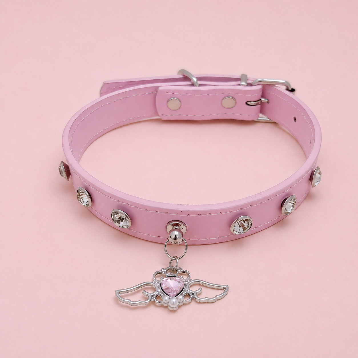 Angel Heart Rhinestone Dog Collar with Wing Charm